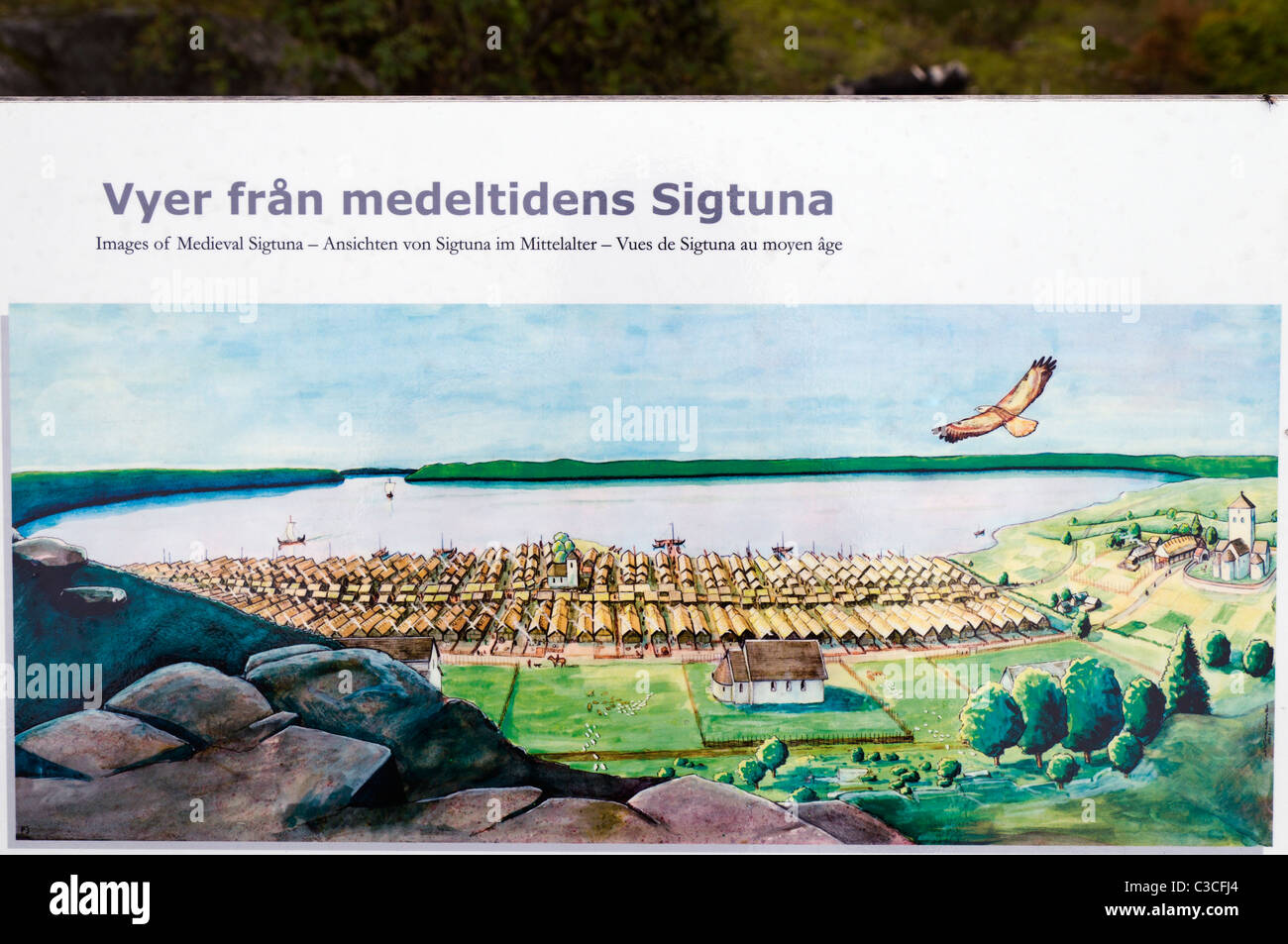 Sign showing what Sigtuna in Sweden used to look like during the Medieval Times. Stock Photo