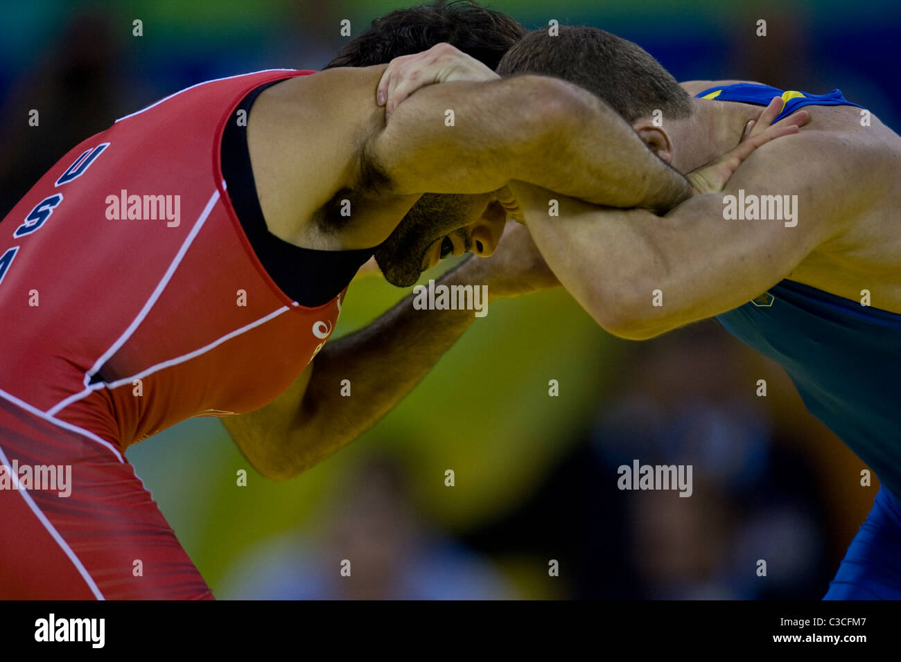 Mikke Zadick (USA)-L, competing against Vasyl Fedoryshyn (UKR) in the1/8 final of the freestyle wrestling event at the 2008 Olym Stock Photo