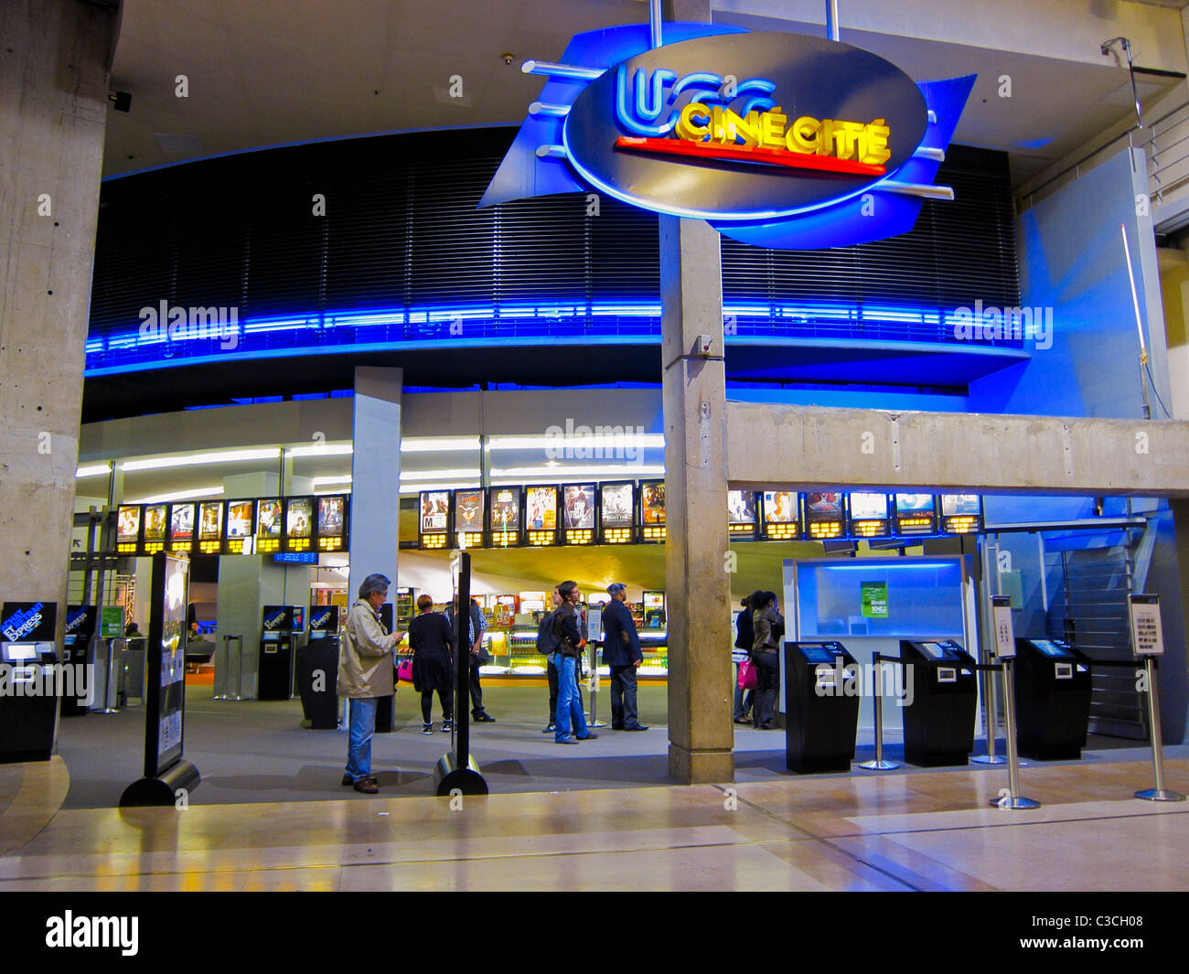 Paris, France, Entrance to  UGC Ciné Cite, French Cinema Complex inside 'Le Forum des halles' Shopping Center ,Sign, inside, movie theater lobby, modern building interior Stock Photo