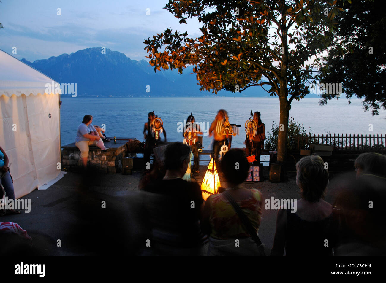 Atmosphere at the world famous Montreux Jazz Festival on the banks of Lake Geneva in Switzerland. Stock Photo