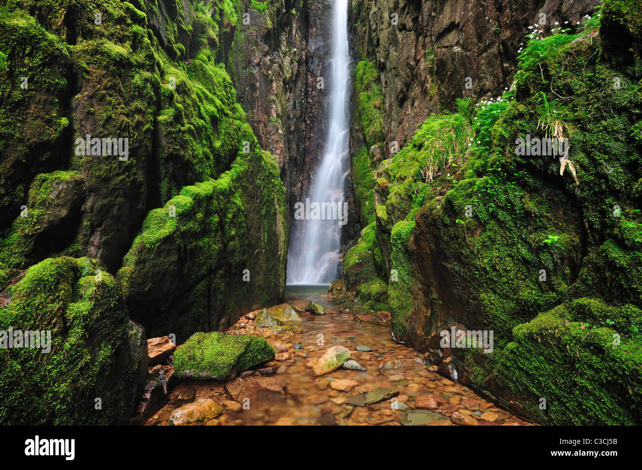 Narrow ravine of Scale Force waterfall between Buttermere and Crummock