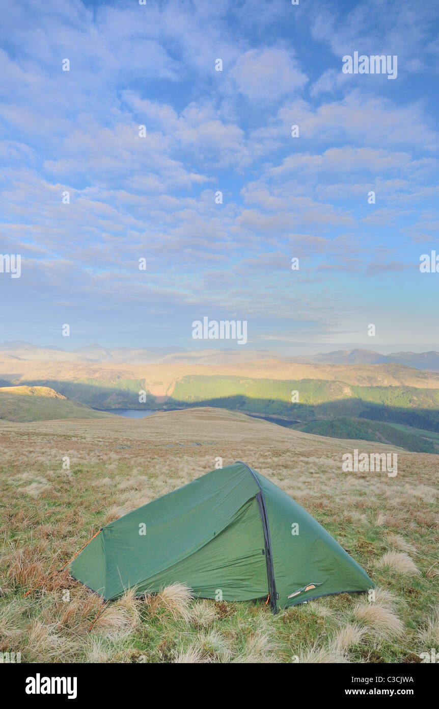 Wild camping on Stybarrow Dodd in the English Lake District, looking towards Thirlmere in the background Stock Photo