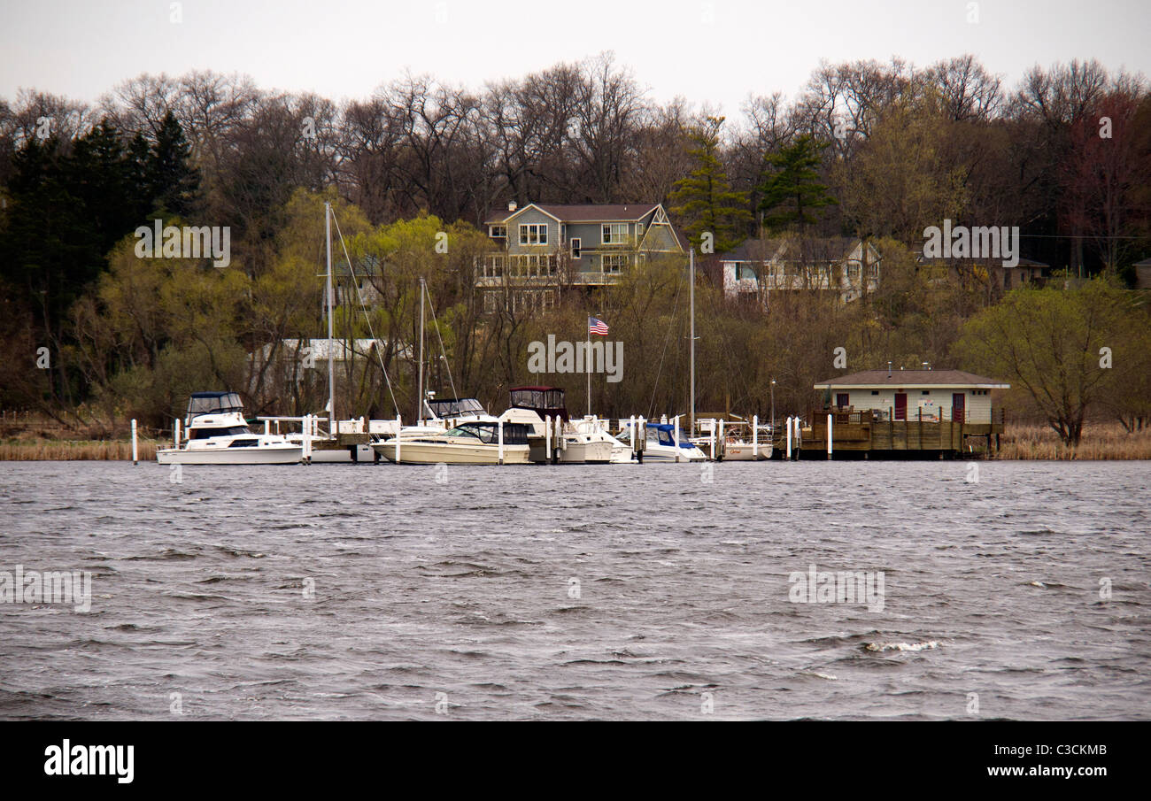Marina on White Lake, Michigan, USA. Bleak, cold, overcast day in early spring. Stock Photo