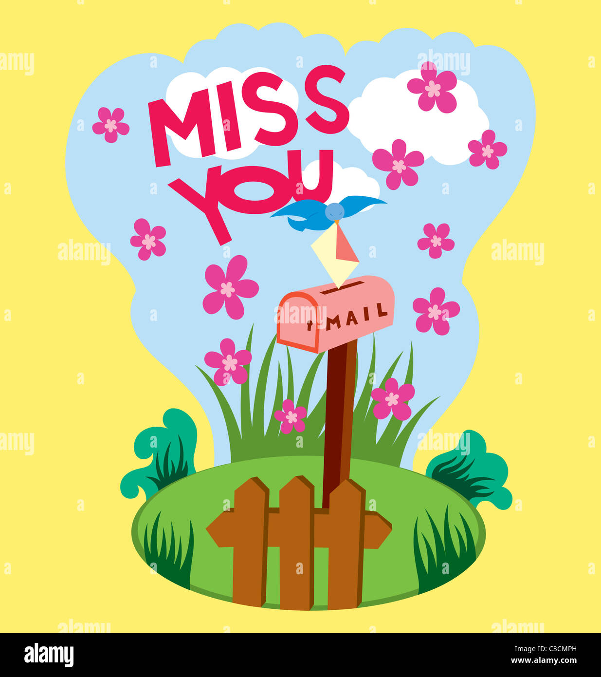 A bird putting an envelope into a letter box, illustrated with Miss You