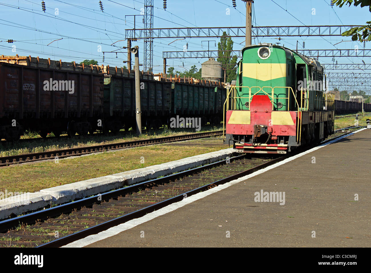 diesel locomotive on a railway station Stock Photo