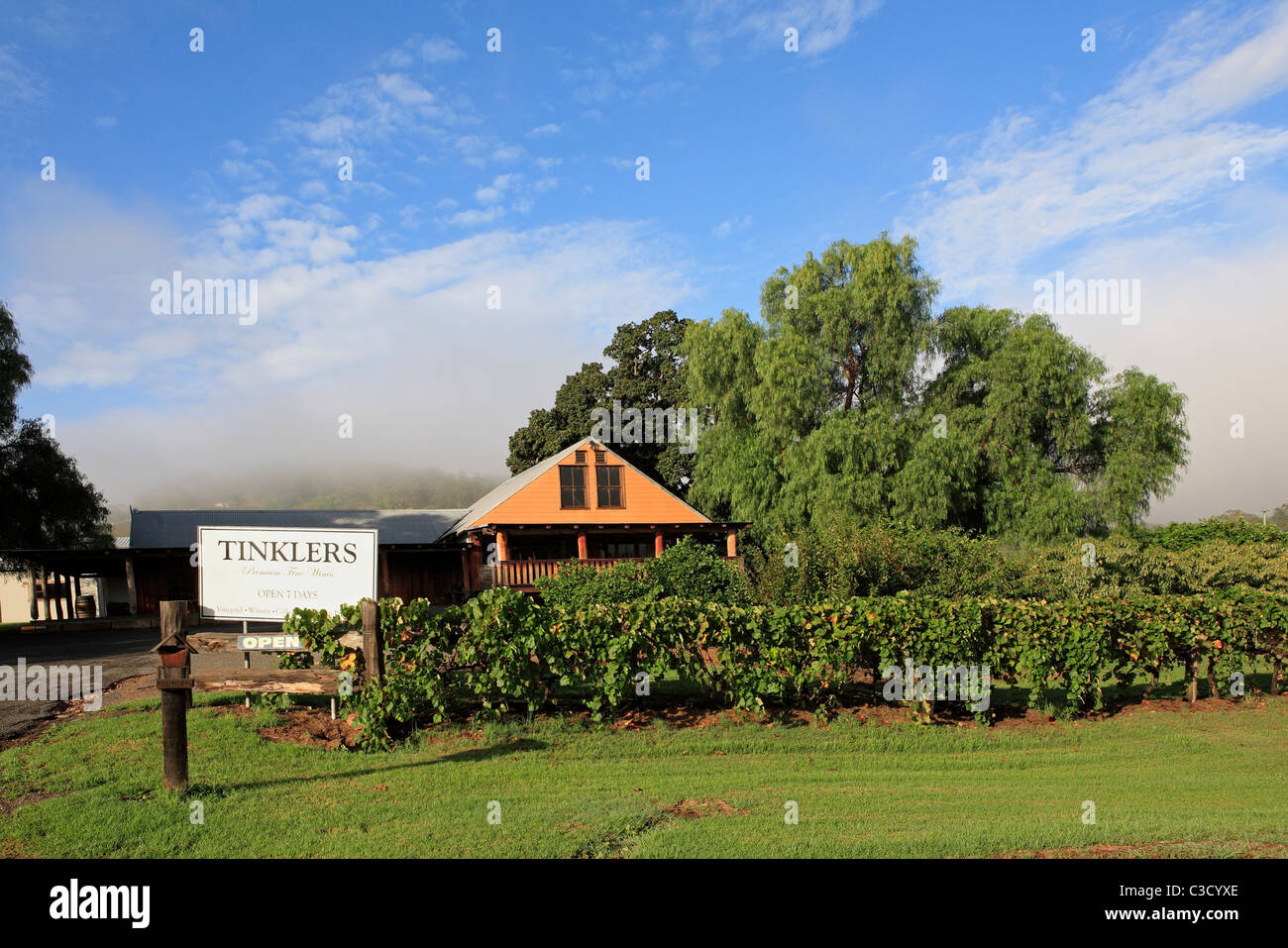 Entrance sign to cellar door and vineyard.Tinklers Wines, Pokolbin, Hunter Valley, New South Wales, Australia. Stock Photo