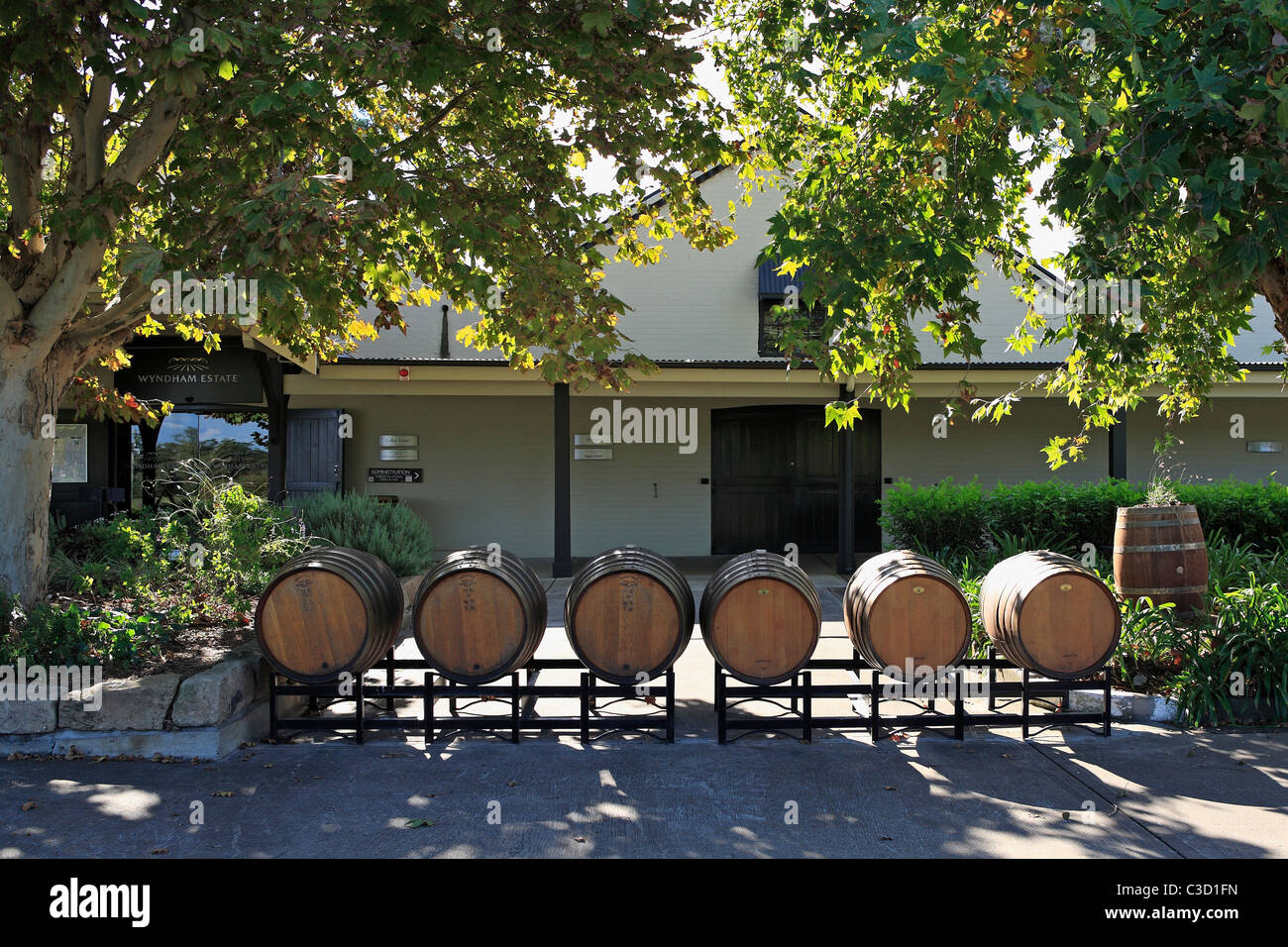 Wine barrels and Cellar Door at Wyndham Estate, Hunter Valley NSW, Australia Stock Photo