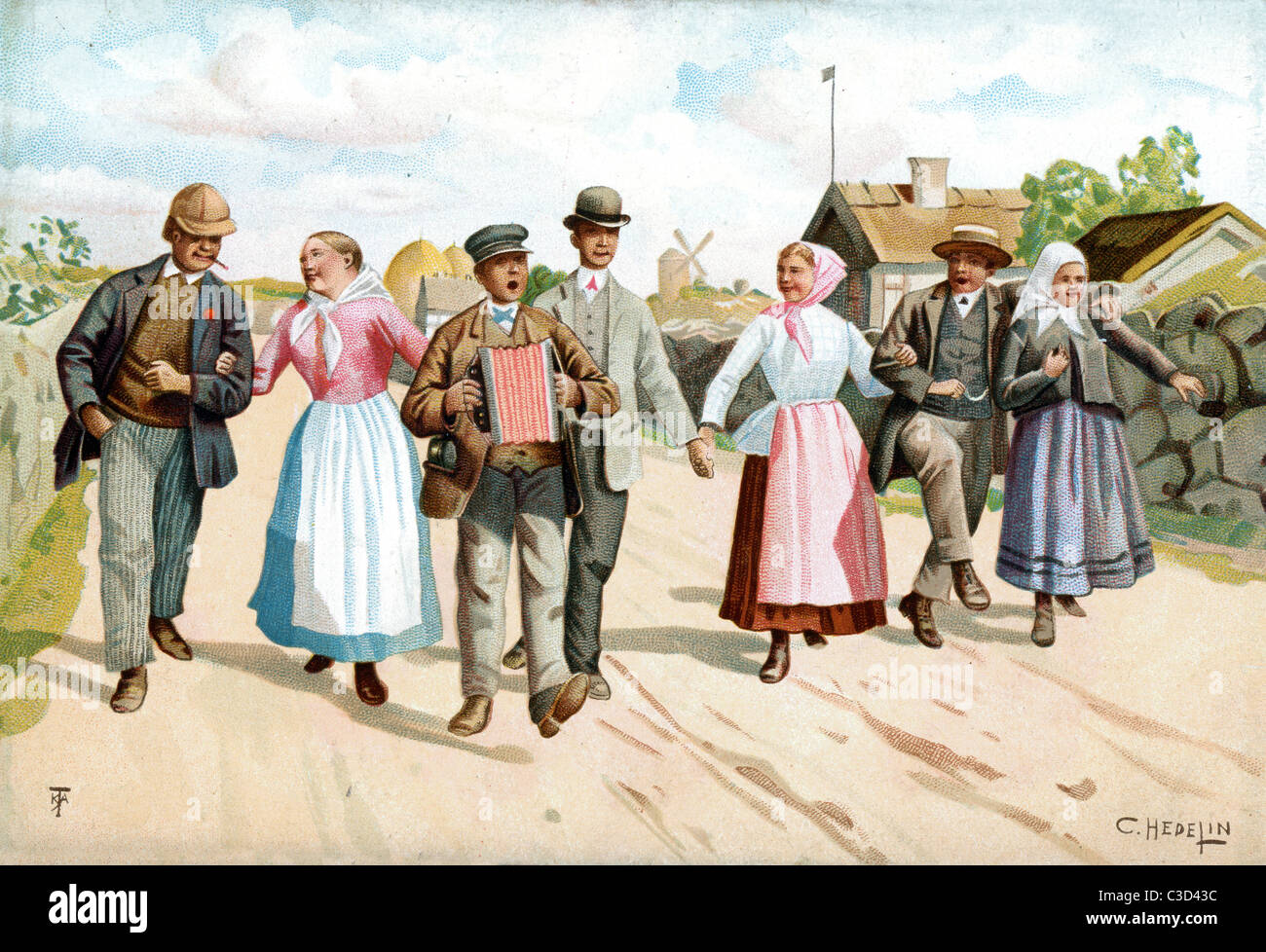 A group of 19th century Swedish people walking down a county lane Stock Photo