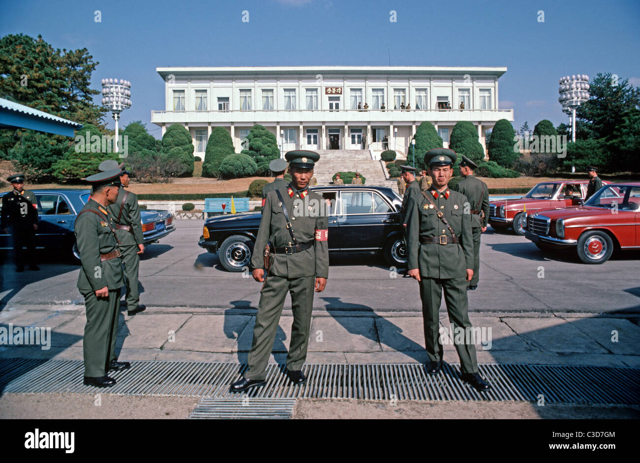 North Korean Guards, KPA, Korean People's Army, DMZ Line at Panmunjon between North and South Korea Stock Photo