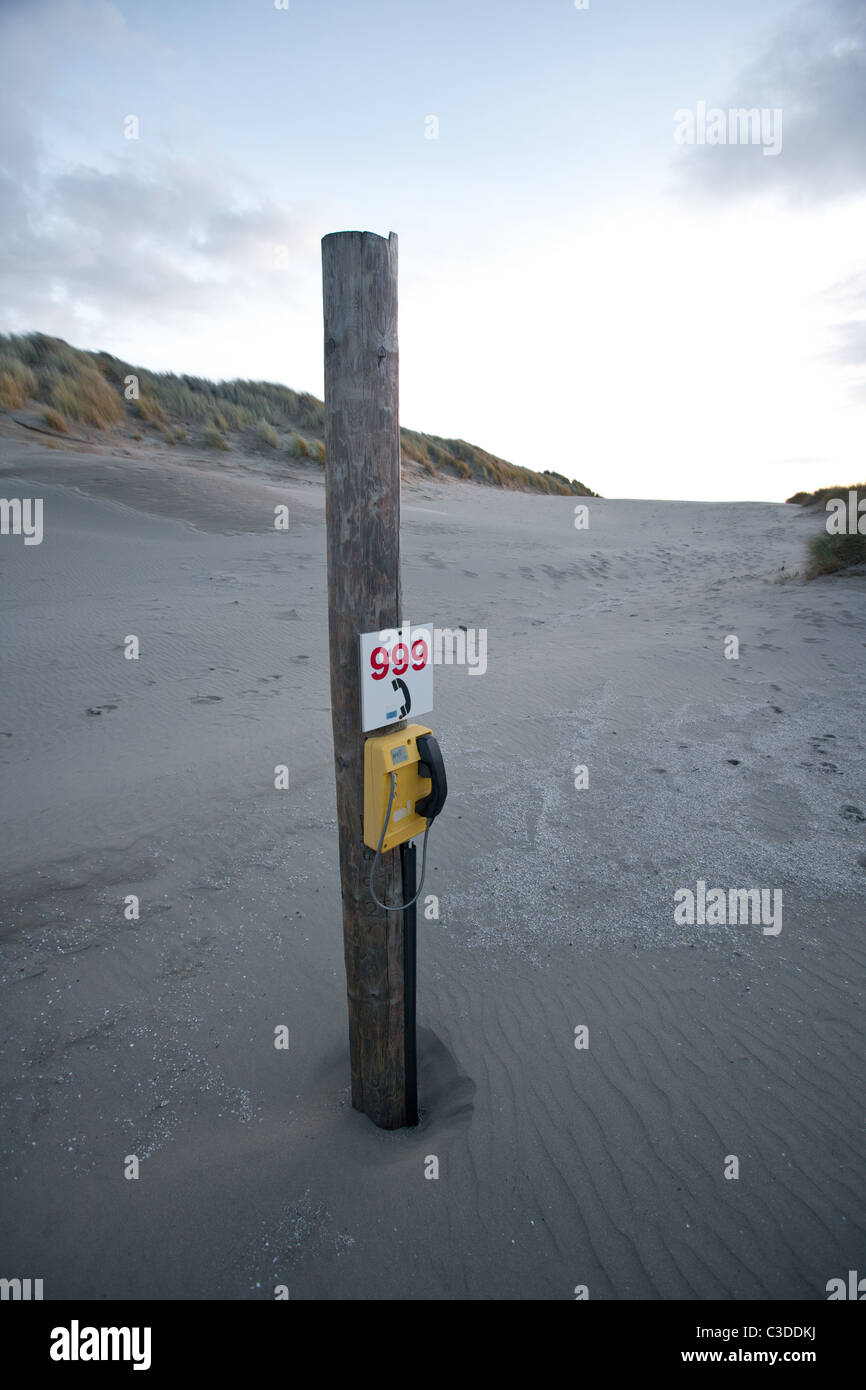 Emergency phone on Ynyslas sand dunes Stock Photo
