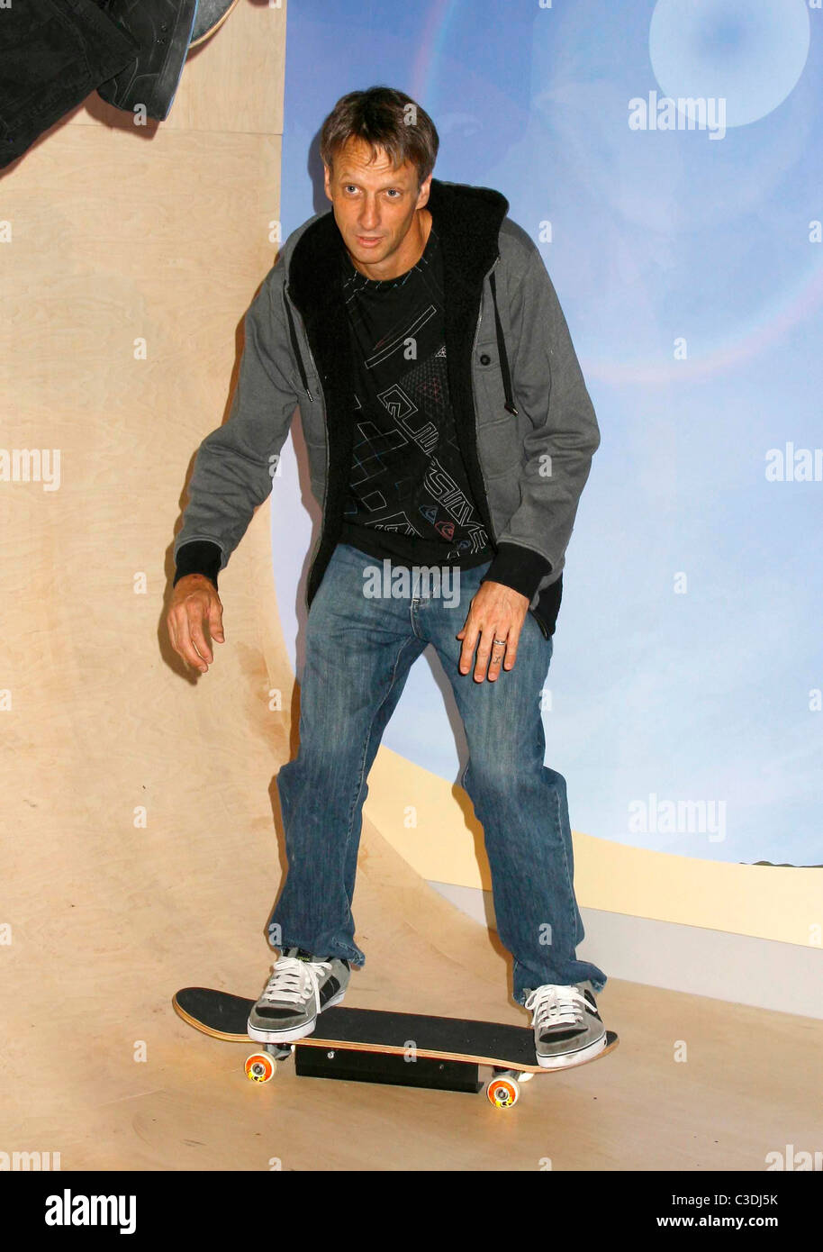 Former professional skateboarder Tony Hawk attends the unveiling of his wax figure at Madame Tussauds Hollywood Los Angeles, Stock Photo