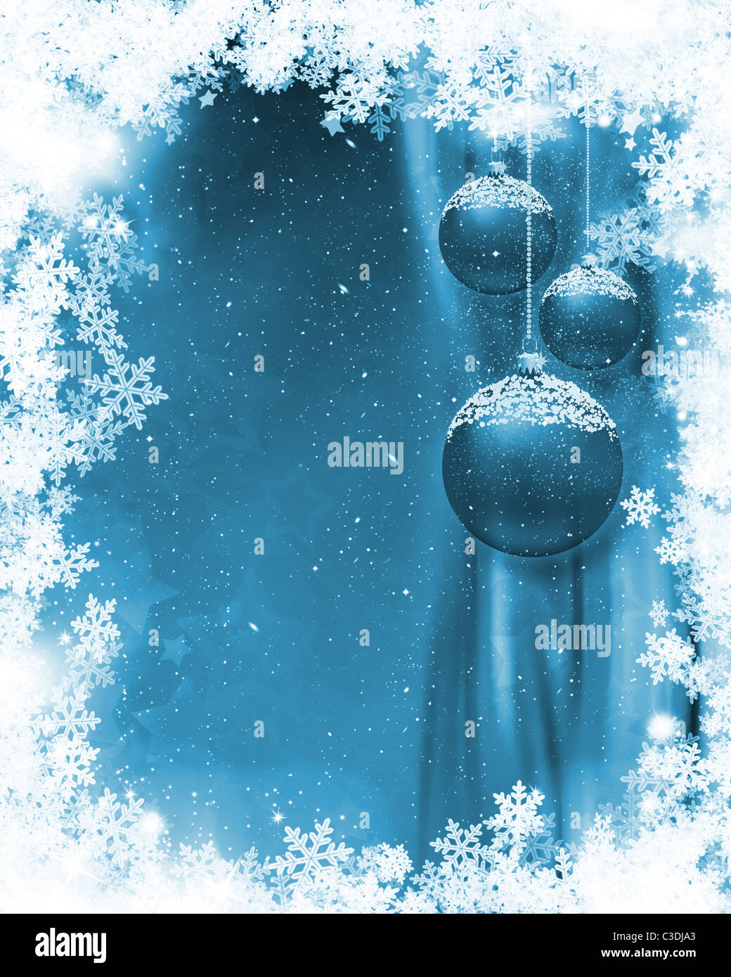 Hanging Christmas baubles on a snowflake background Stock Photo - Alamy