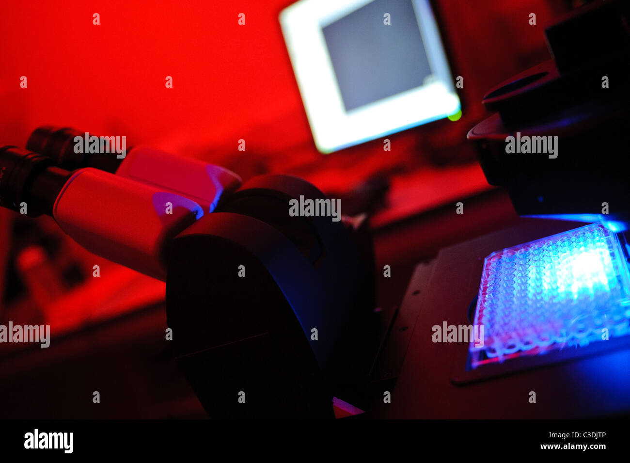 microscope in darkroom lit bright red with computer screen in background and green and blue lights test tubes Stock Photo