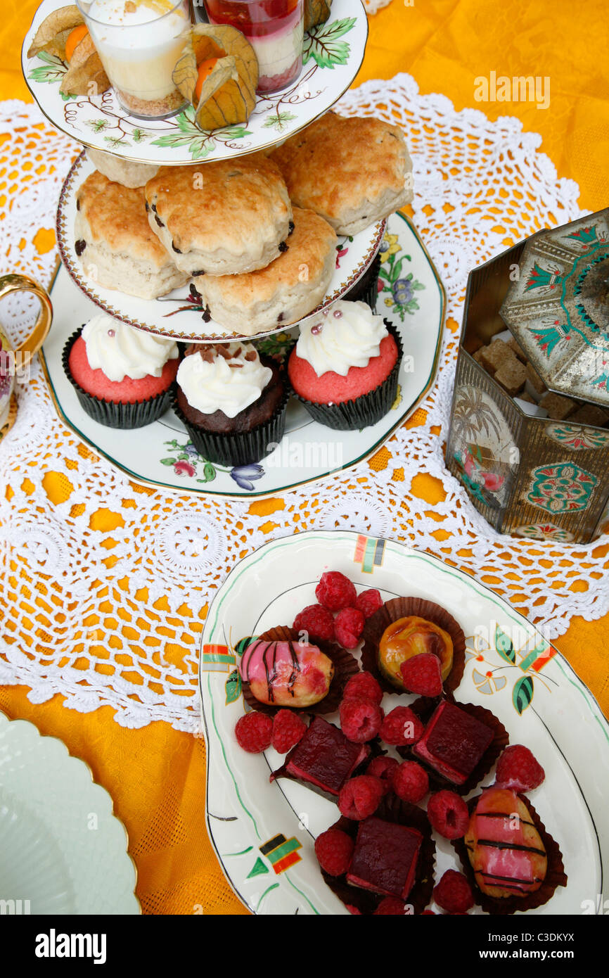 Traditional English cream tea picnic served on vintage crockery Stock Photo