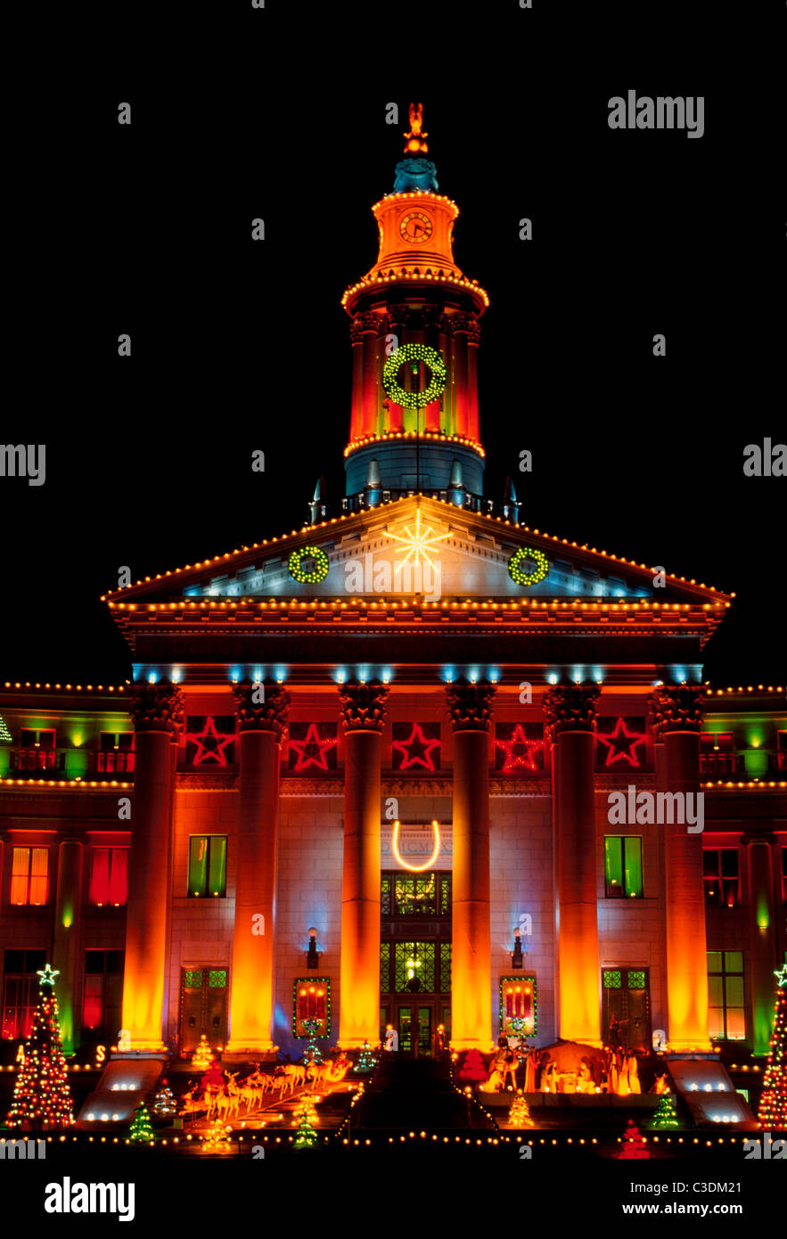 The annual display of bright Christmas lights on the Denver City and County Building has been a tradition in Colorado's Mile-High City since 1935. Stock Photo