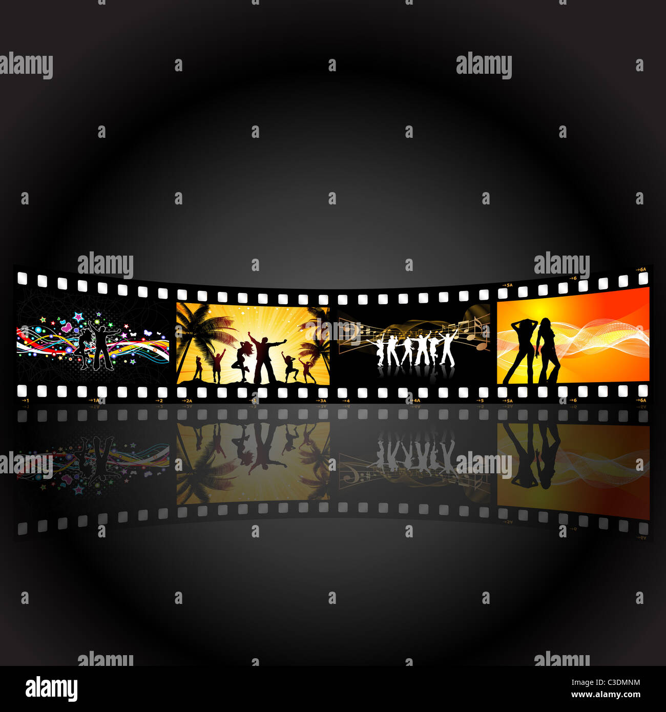 Illustrations of people dancing on a film strip background Stock Photo