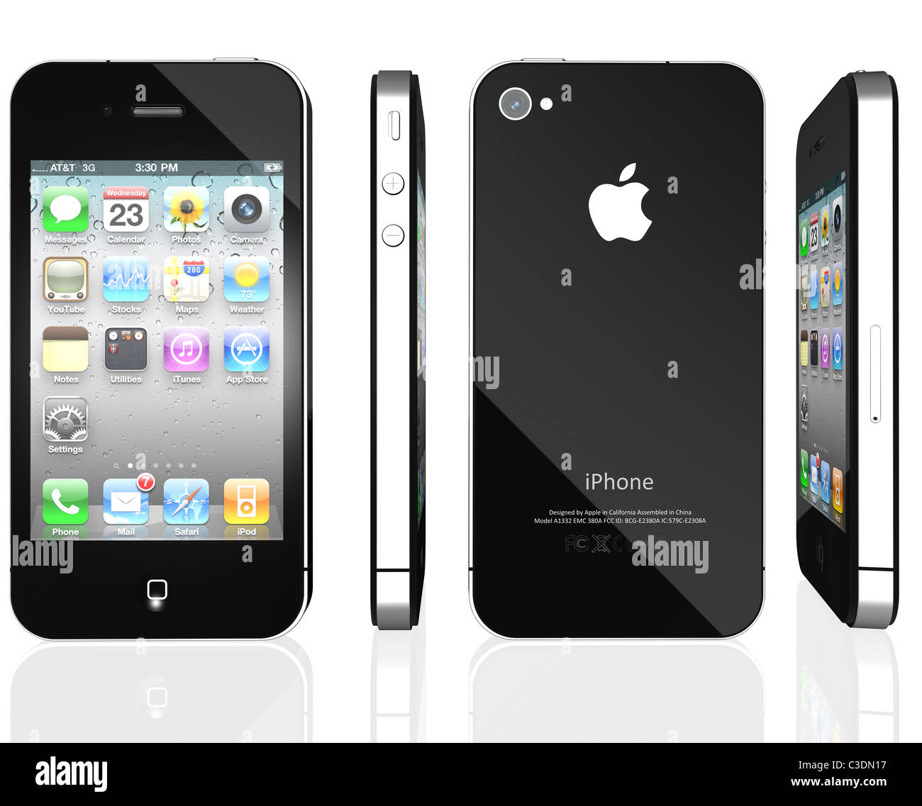 Front, back and side  view photo of a black iPhone 4s generation isolated on a white background on a reflective surface. Stock Photo