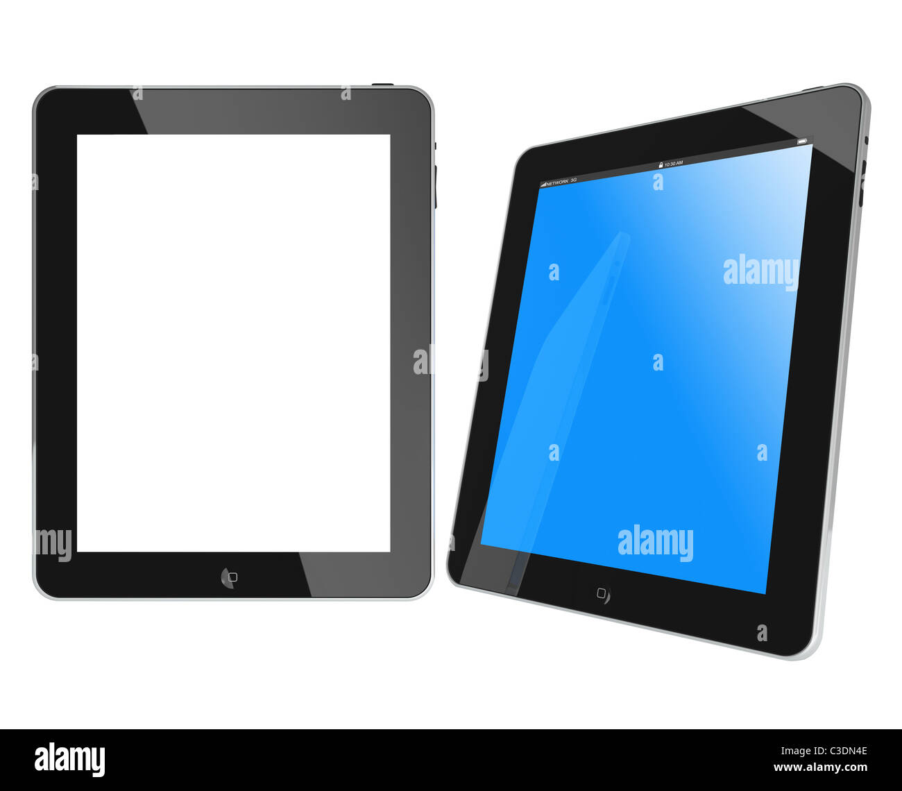 New Apple iPad portable computer tablet glossy black and chromed, blue screen, isolated on white with reflection. Stock Photo