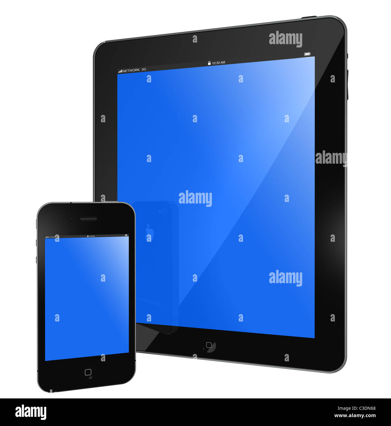 New Apple iPad and iPhone 4s black glossy, blue screen isolated on white Stock Photo