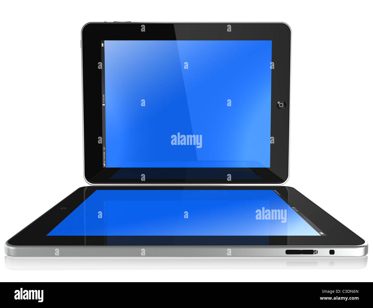 Two new Apple iPad black glossy and chromed, blue screen, isolated on white and view like a laptop. Stock Photo