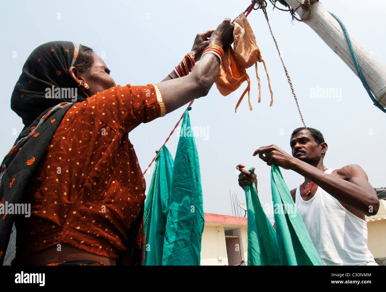 Bihar India March 2011. Akhand Jyoti Eye hospital, Mastichak . Hanging out the hospital's washing from the operating theatre. Stock Photo