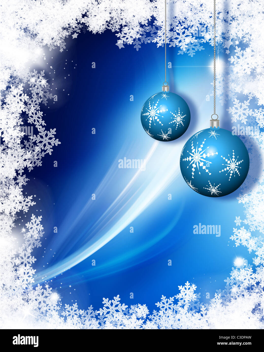 Hanging Christmas baubles on a snowflake background Stock Photo - Alamy