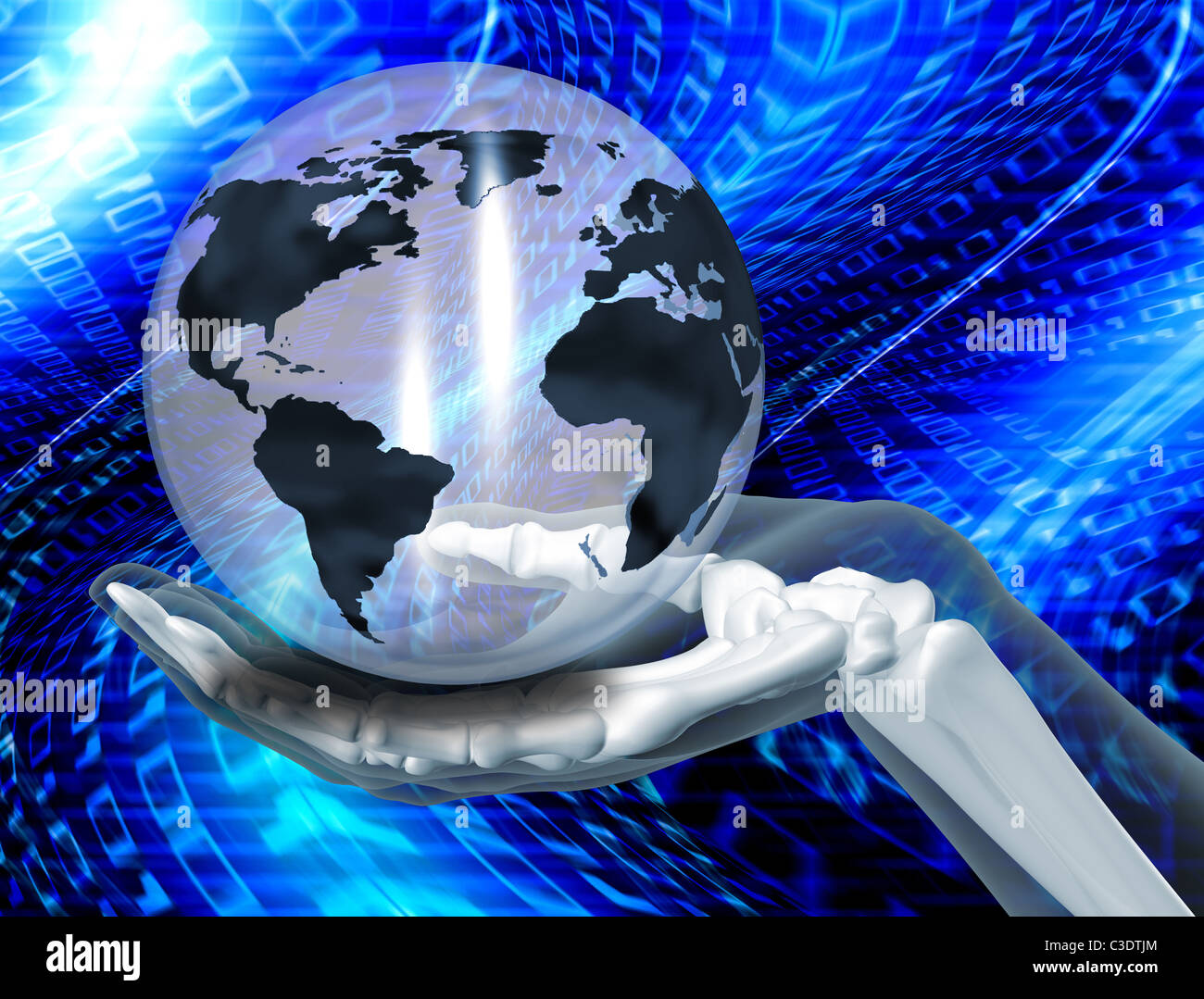 Skeleton hand holding a globe on a binary code background Stock Photo ...