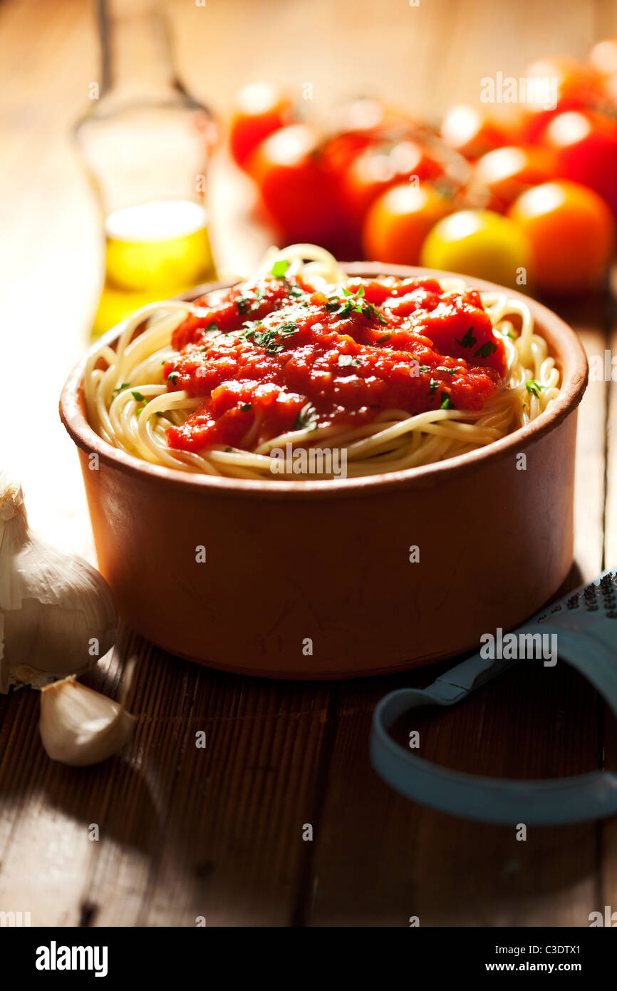 closeup of juicy pasta and tomato sauce Stock Photo