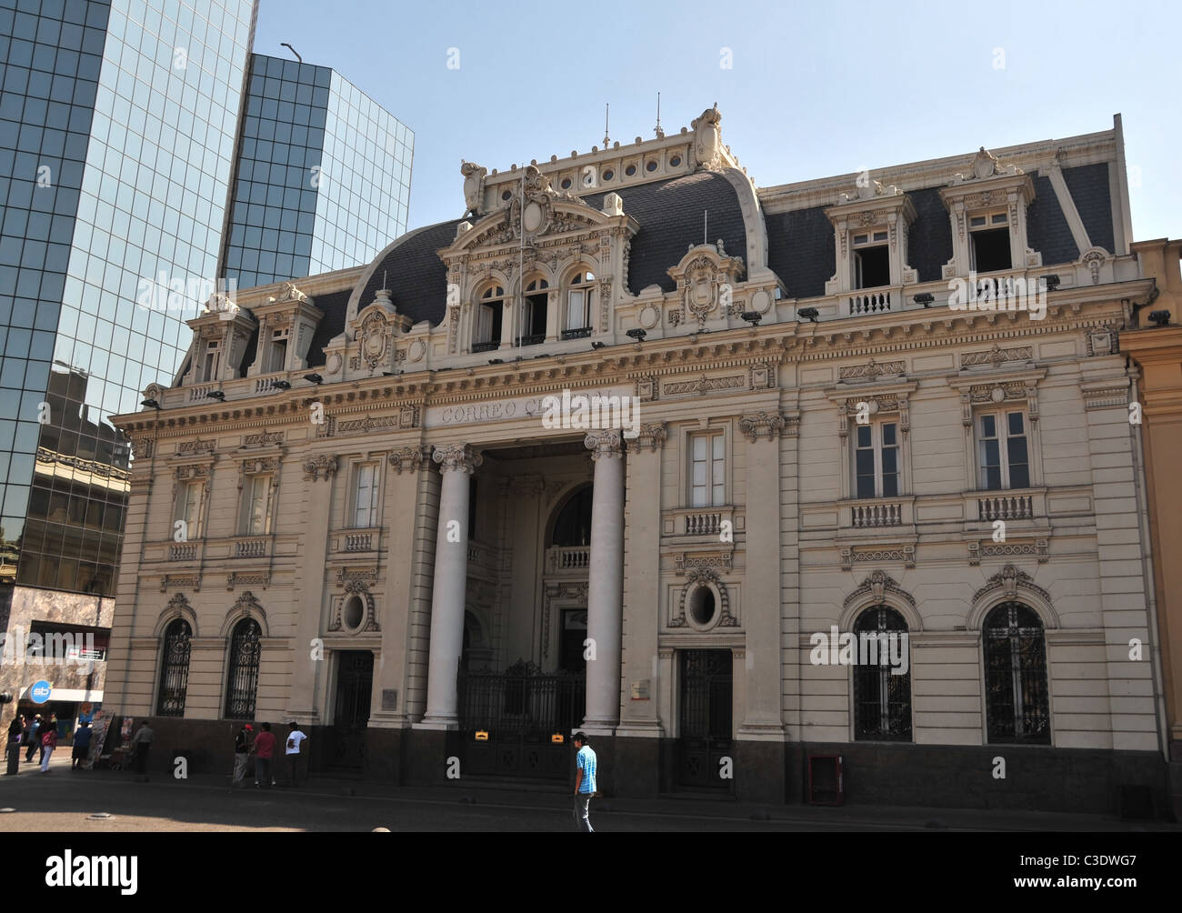 Blue sky view of the elaborate facade of the 19th century  Correo Central post office, Plaza de Armas, Santiago, Chile Stock Photo