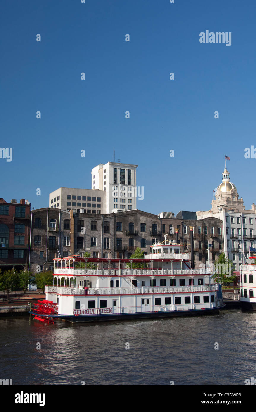 Georgia, Savannah. Savannah River view of the historic waterfront area, gold dome of the historic City Hall. Stock Photo