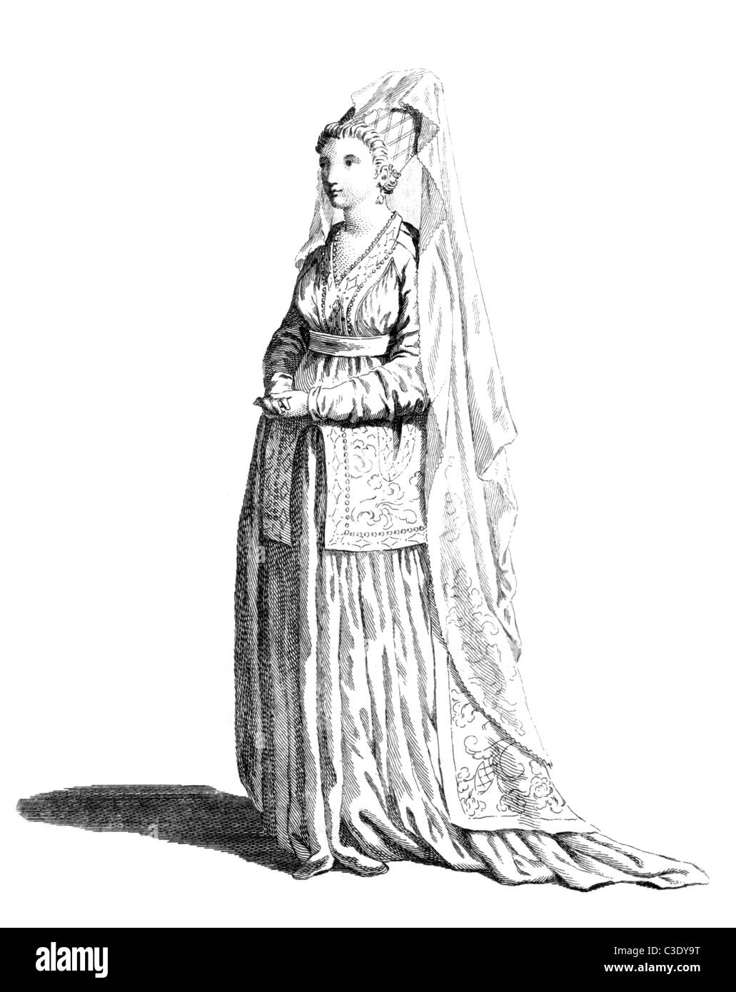 Dress of a noble lady of Syria in 1581 on engraving from the 1700s. Stock Photo