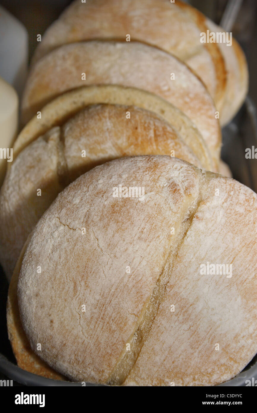 burger buns in a row ready to be served Stock Photo