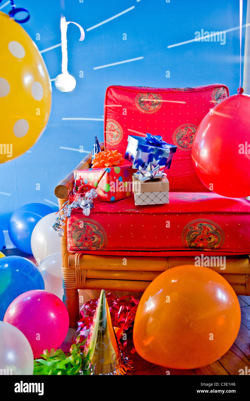 Red chair with party decorations Stock Photo