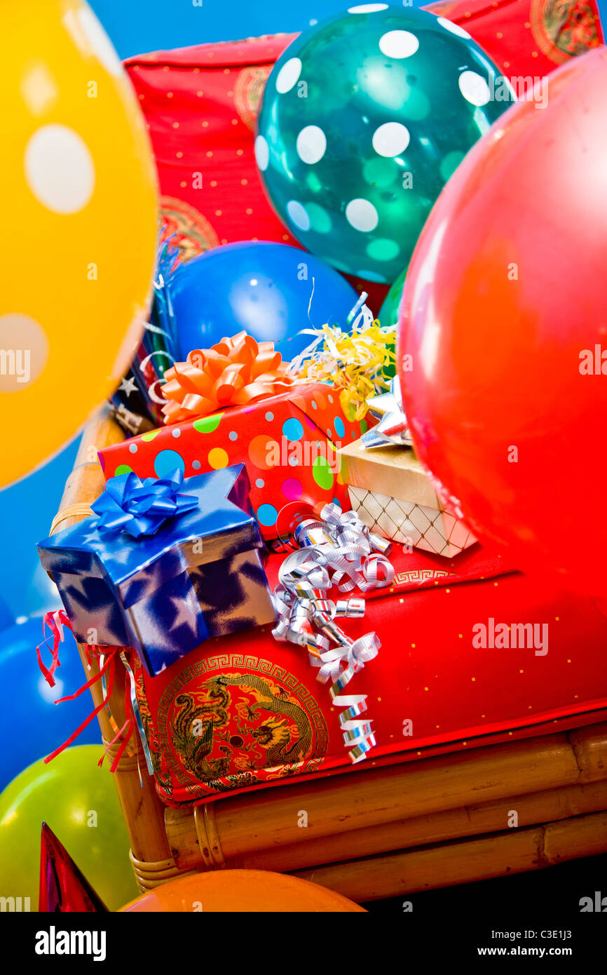 Red chair with party decorations Stock Photo