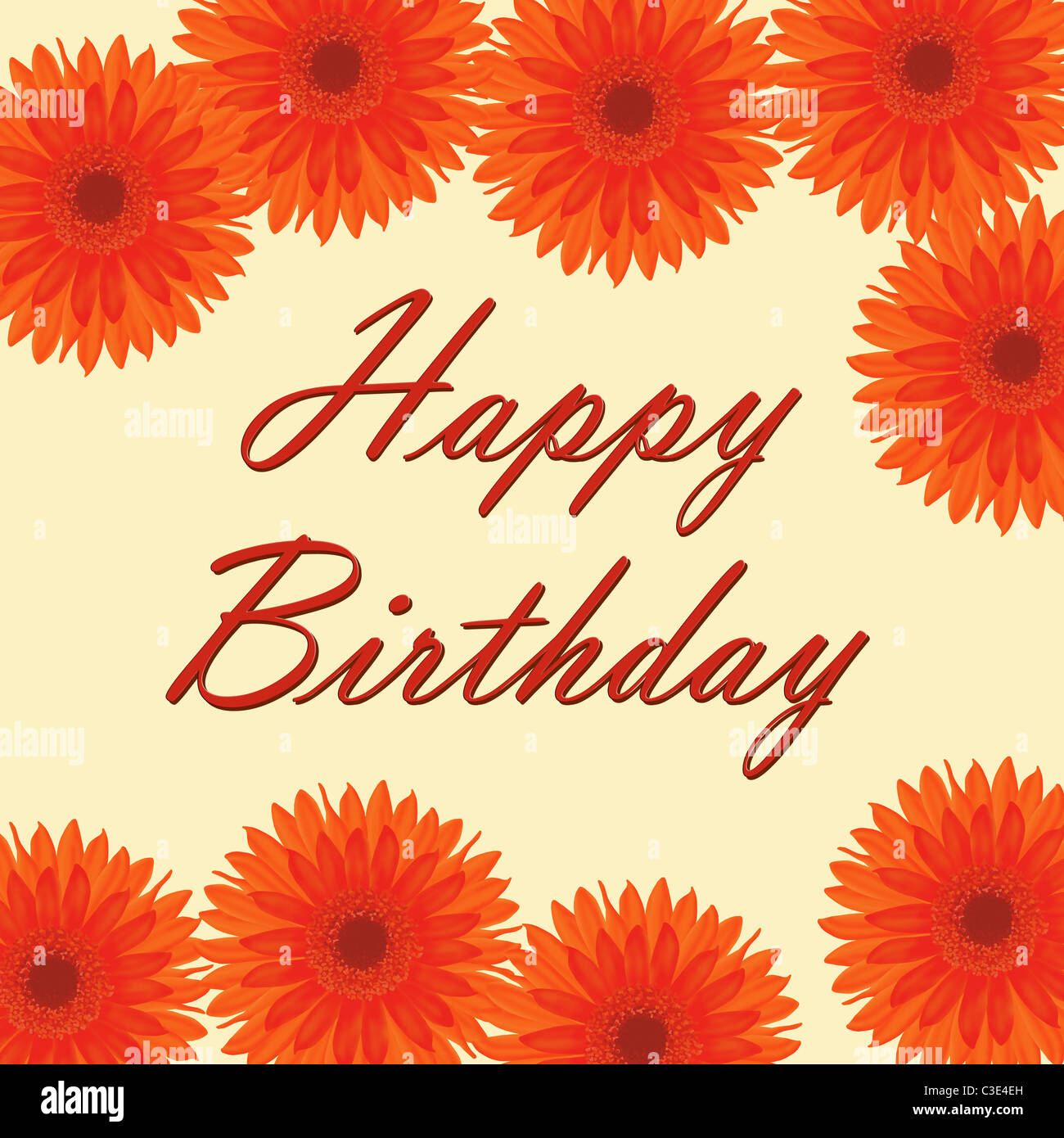 Happy Happy Birthday card with orange gerbera flowers isolated on a ...