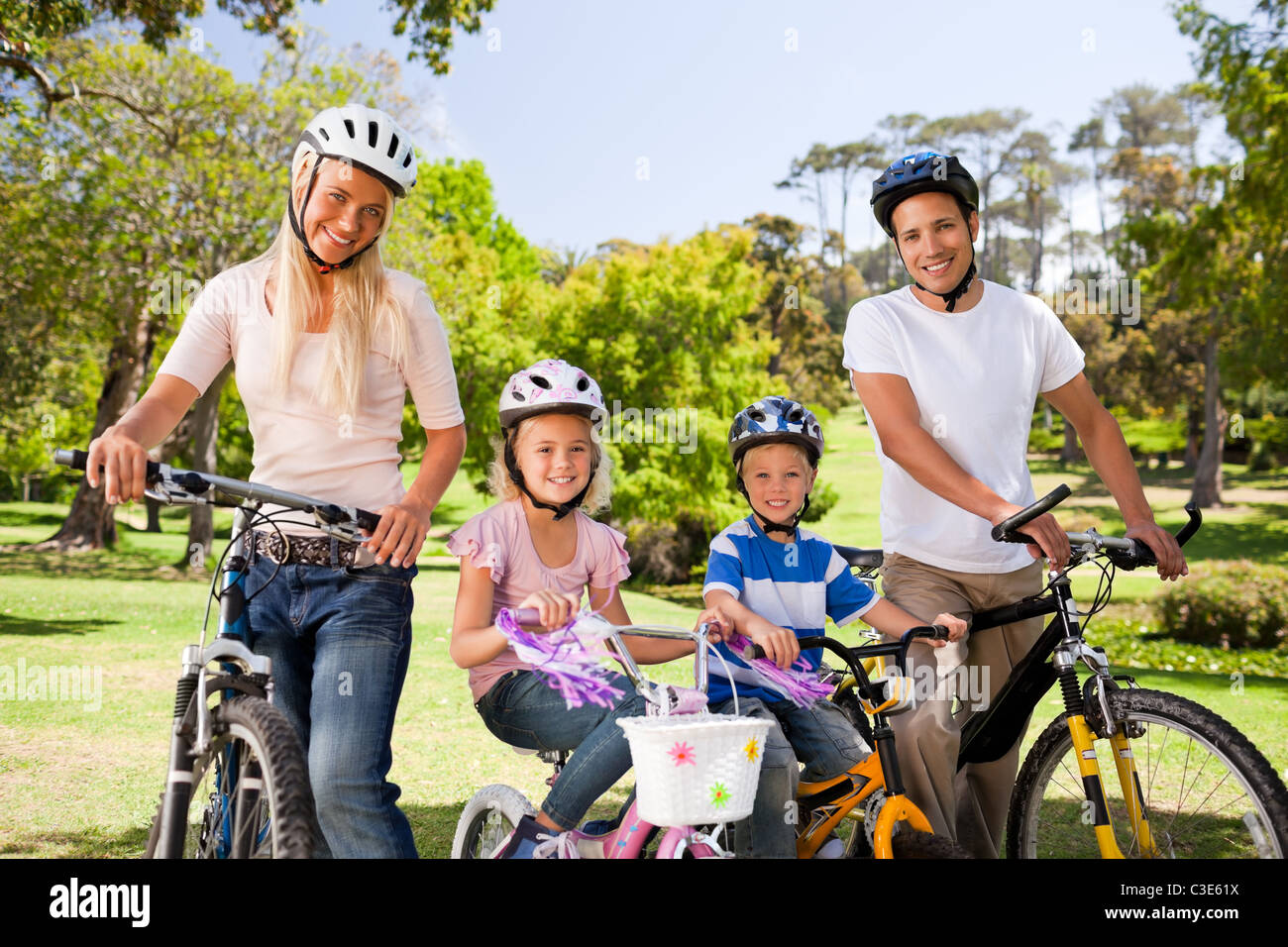 Family in the park with their bikes Stock Photo - Alamy