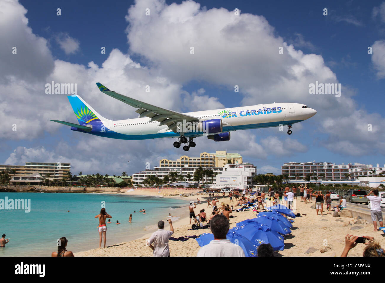 Landing Airliner, Maho Beach, St Maarten Stock Photo