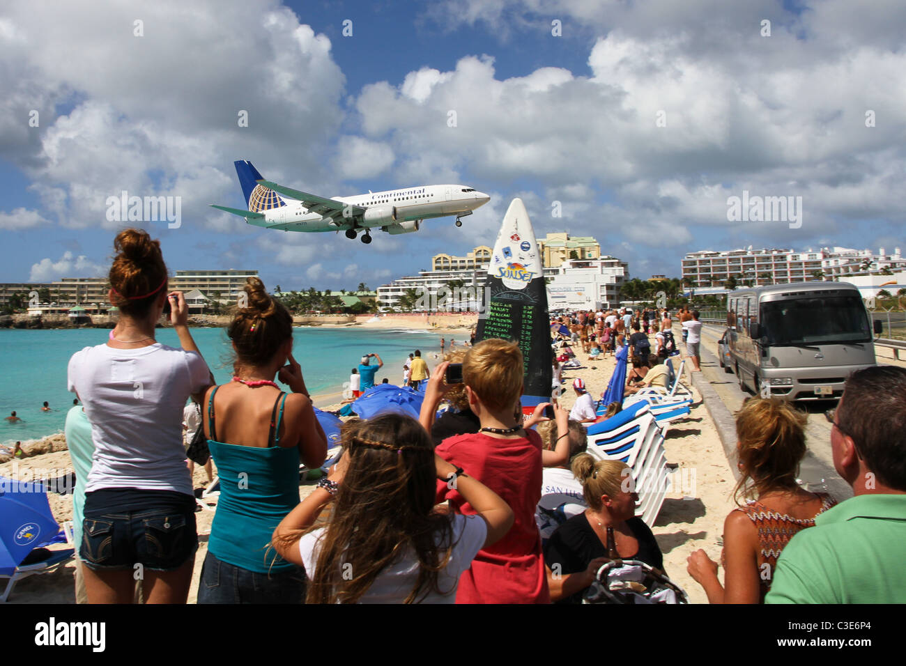 Landing Airliner, Maho Beach, St Maarten Stock Photo