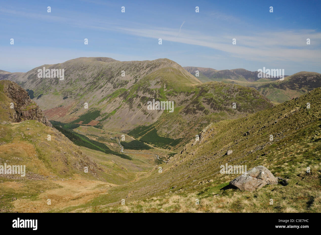 View over Ennerdale Valley from Looking Stead on Pillar towards High Crag and Haystacks, English Lake District Stock Photo