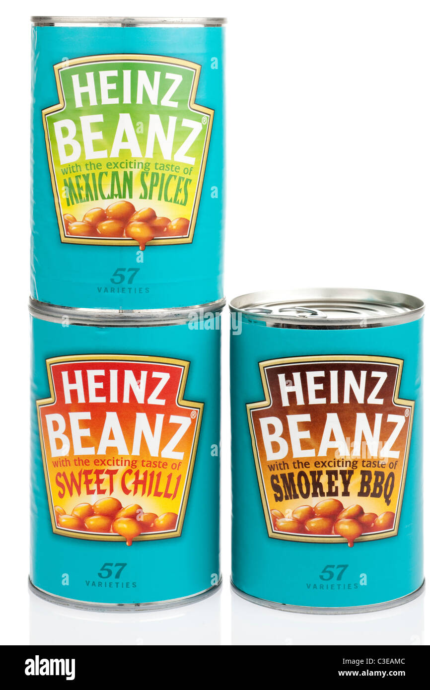 Three cans of Heinz 57 varieties mexican spices sweet chilli and smokey BBQ Stock Photo