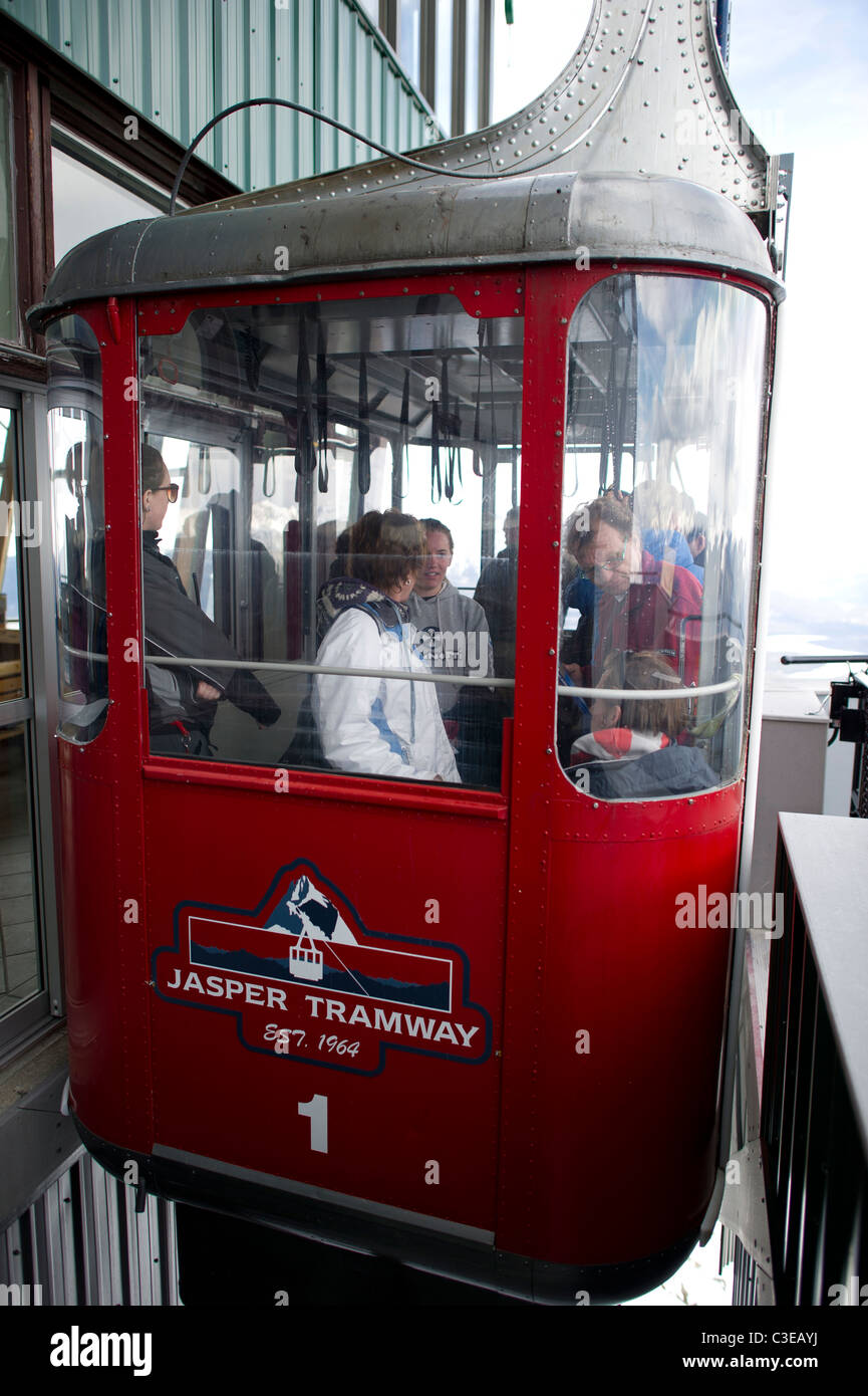 Jasper Tramway car arriving at the peak terminal. Alberta Canada Stock Photo