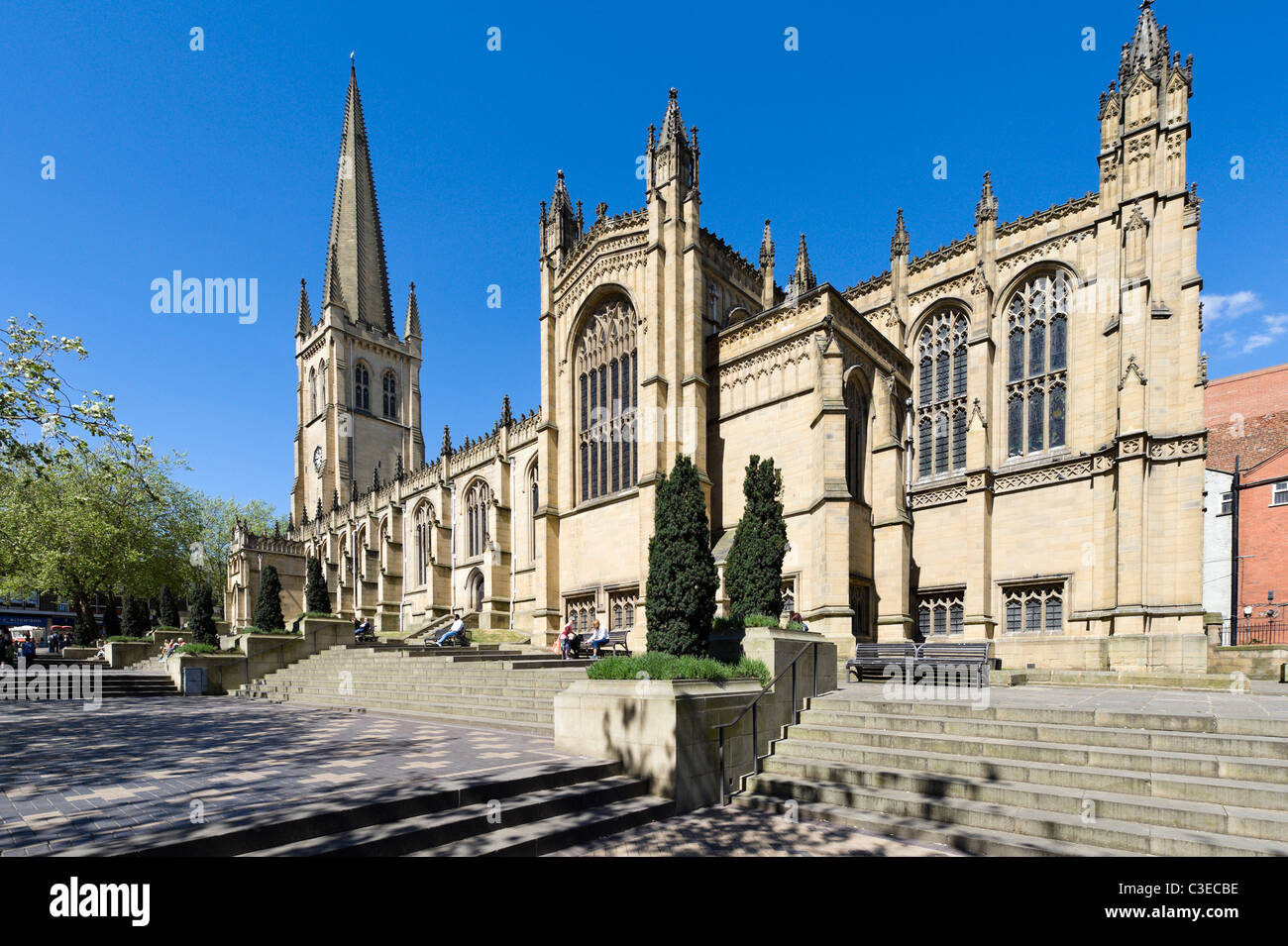 Wakefield Cathedral from Kirkgate, Wakefield, West Yorkshire, UK Stock Photo