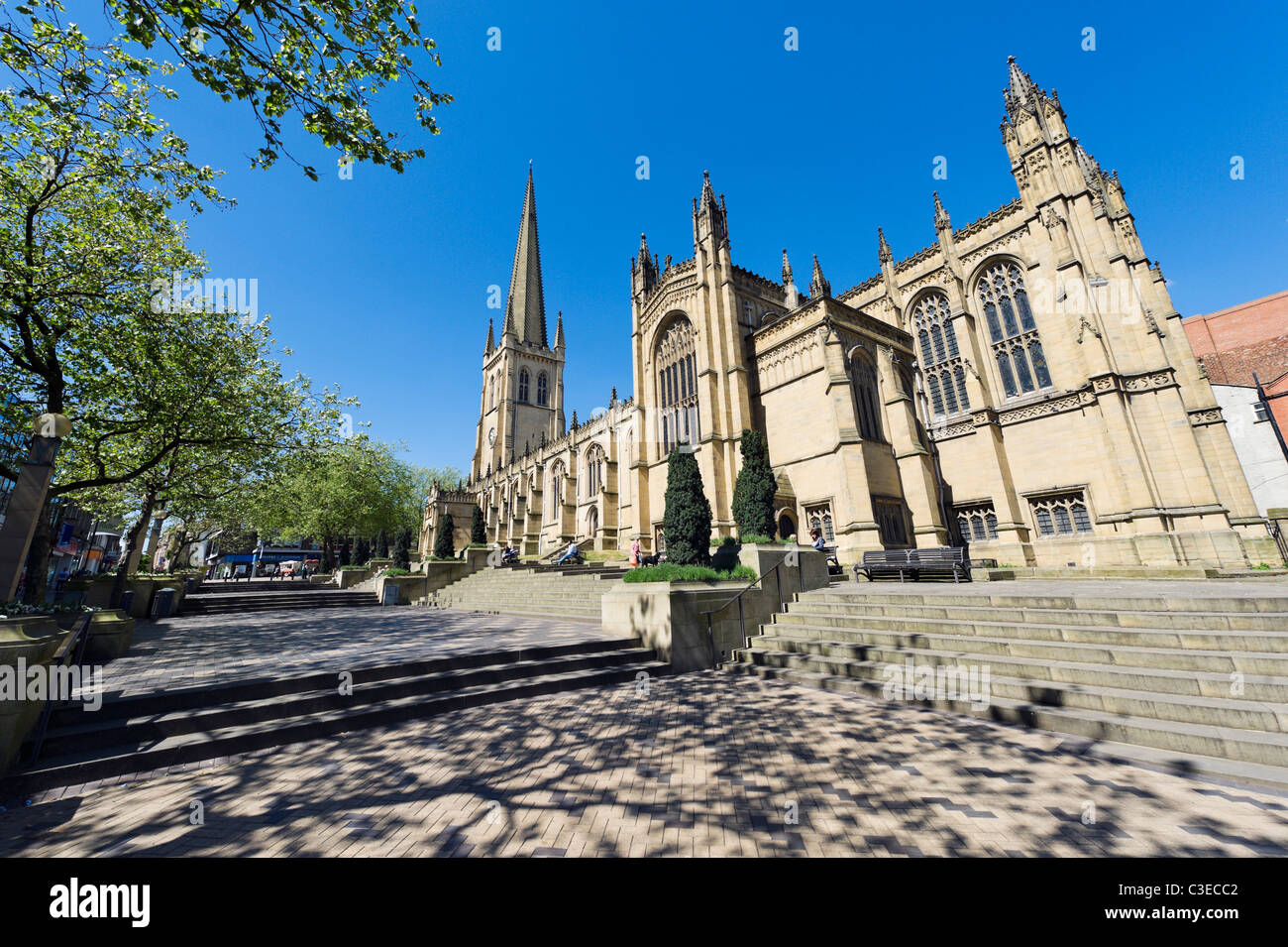 Wakefield Cathedral from Kirkgate, Wakefield, West Yorkshire, UK Stock