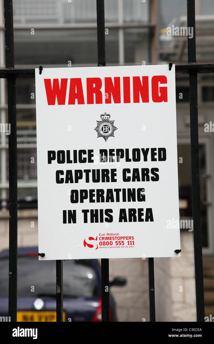 A police capture car warning sign in a U.K. city. Stock Photo