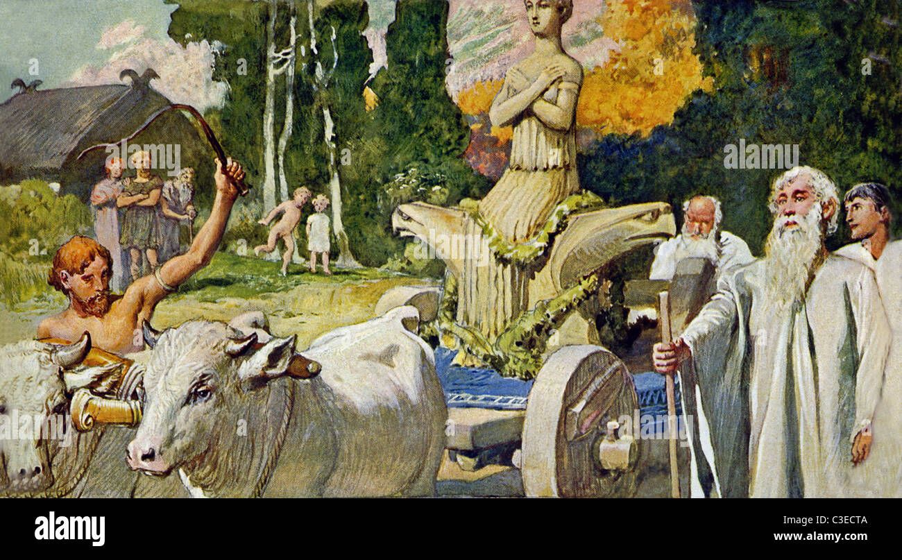 According to Germanic mythology, Nerthus, a goddess of fertility.  is shown as a state on a cart, being pulled by white oxen. Stock Photo