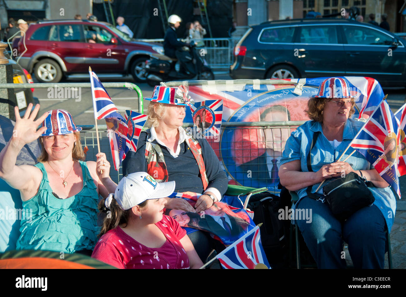 Royal family fans camp to secure a good spot at Westminster Abbey for Prince William and Catherine Middleton's royal wedding celebration to take place Stock Photo