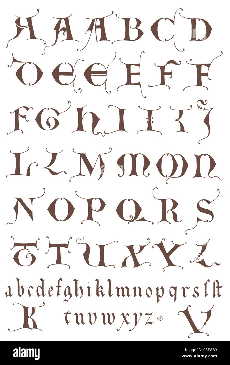 Twelfth Century Alphabet; K and V added later, otherwise a rare complete alphabet. Stock Photo