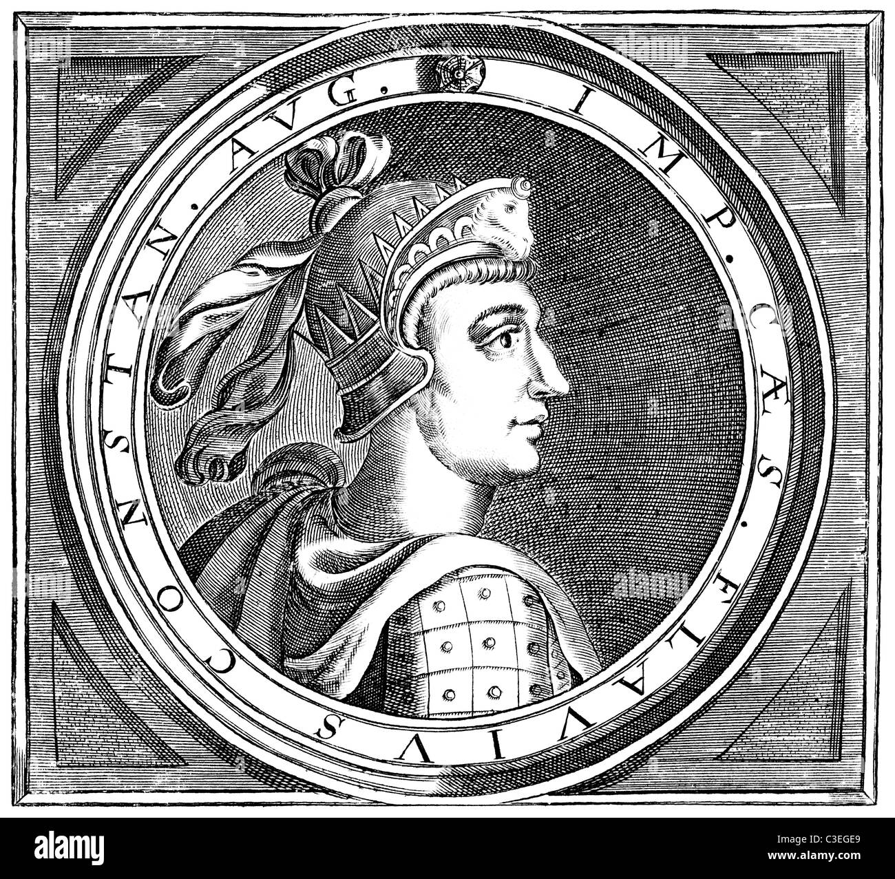 The Roman Emperor Flavius Constantine in a 1600s woodcut. Stock Photo