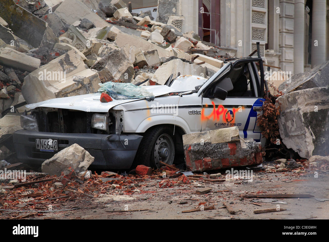 Earthquake damaged car from Feb 22nd, Christchurch New Zealand Stock Photo
