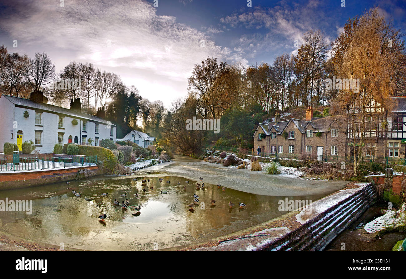 Lymm village centre with frozen dam winter Stock Photo Alamy